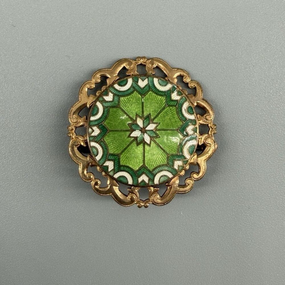 Vintage Green Enamel Guilloche Brooch OLD Gold Tone Art Deco Pin